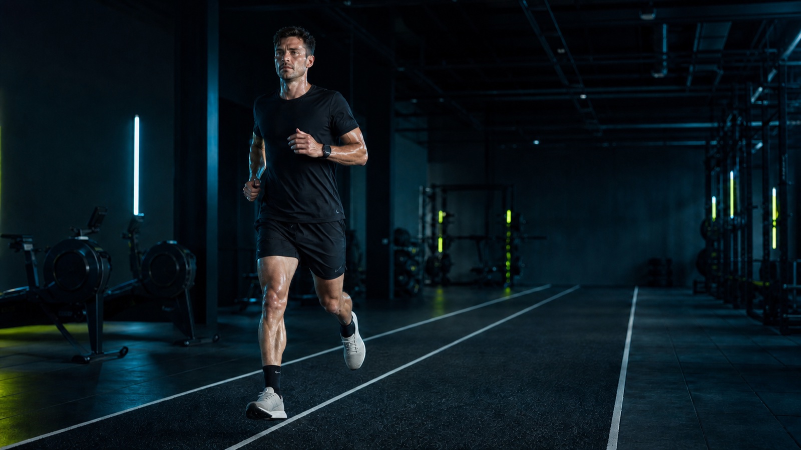 Hybrid athlete running at a controlled effort on an indoor track