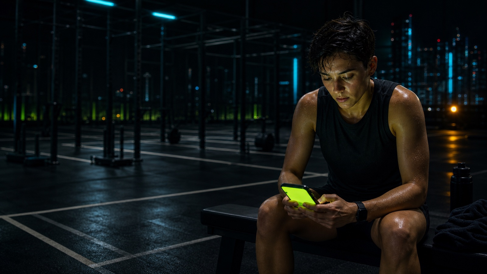 Hybrid athlete checking a phone after a race in a dark indoor venue