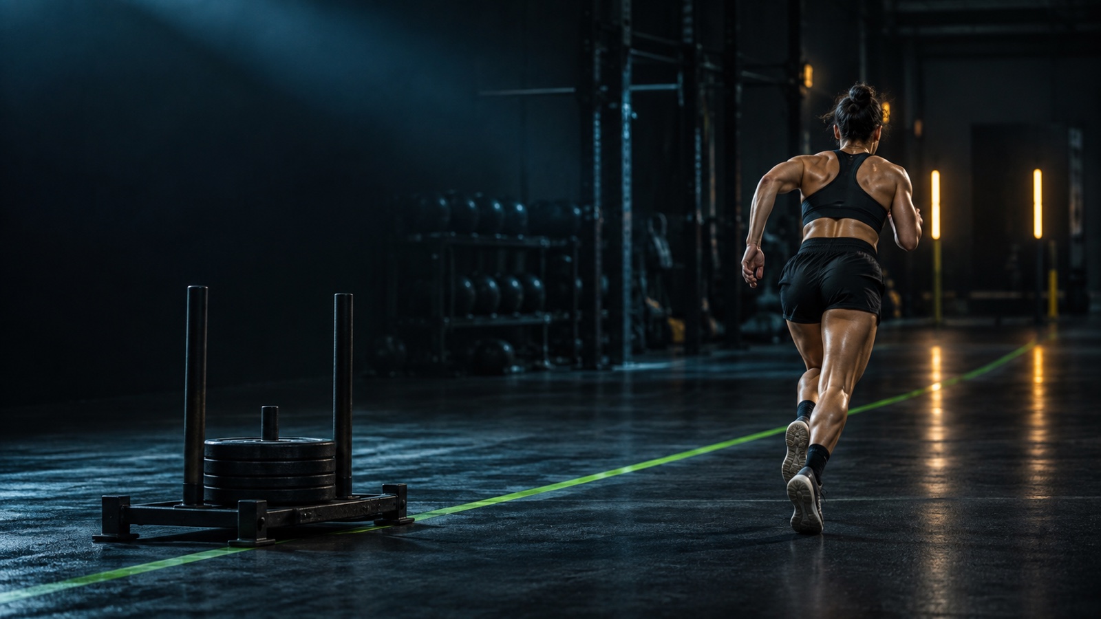 Athlete leaving an unbranded sled station and settling into a controlled run.