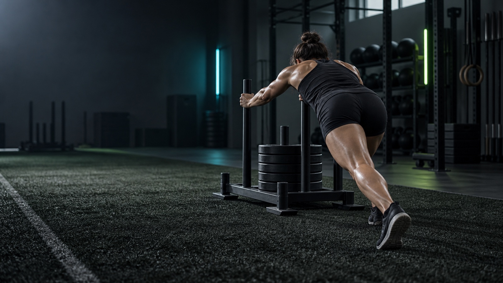Athlete pushing an unbranded weighted sled along textured indoor turf