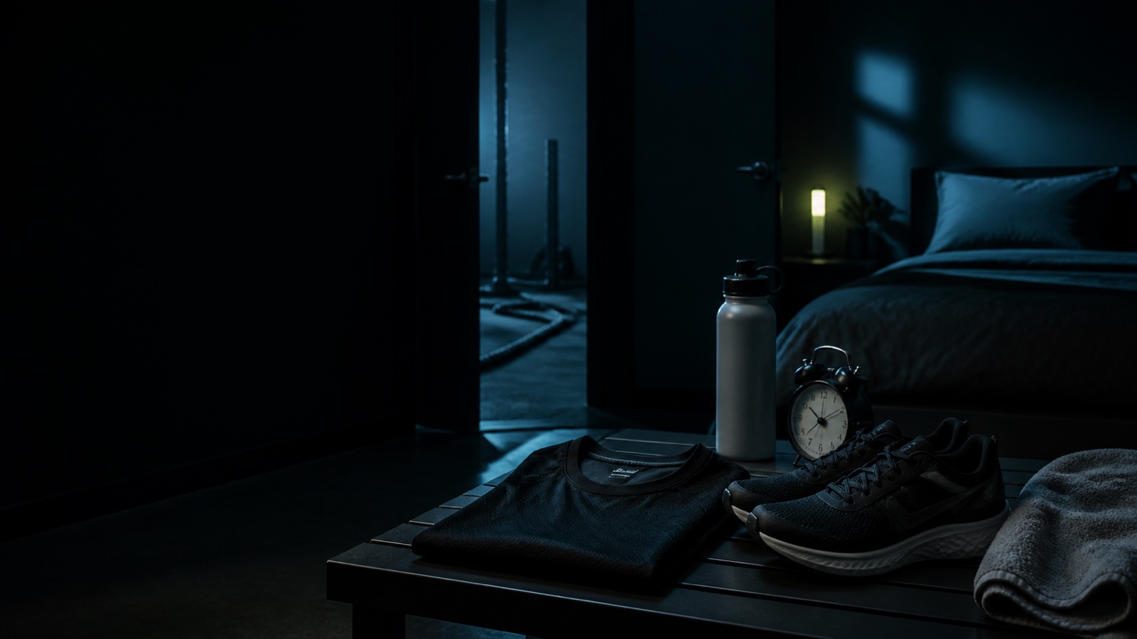 Running shoes, training kit and an alarm clock beside a dark bedroom after training