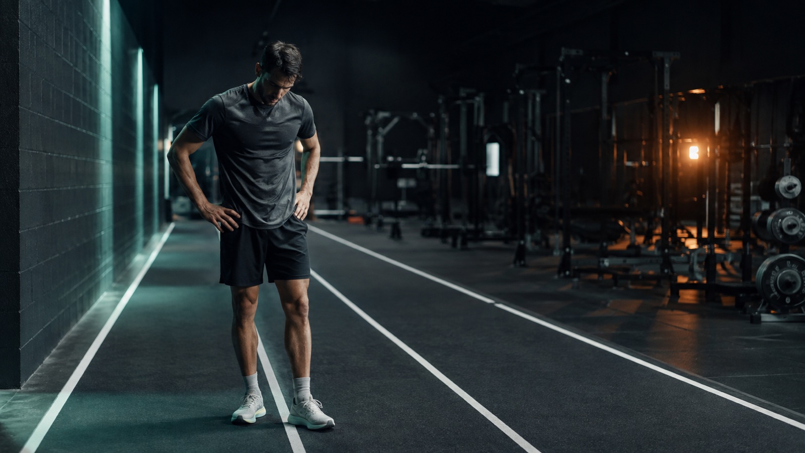 Hybrid athlete pausing between a marked running lane and functional training equipment