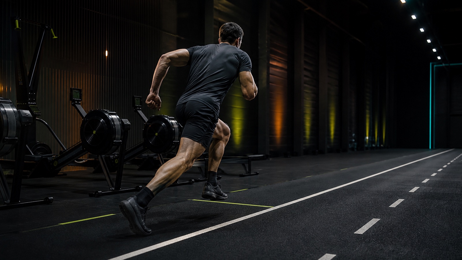 Hybrid athlete leaving a rowing station and entering a marked running lane