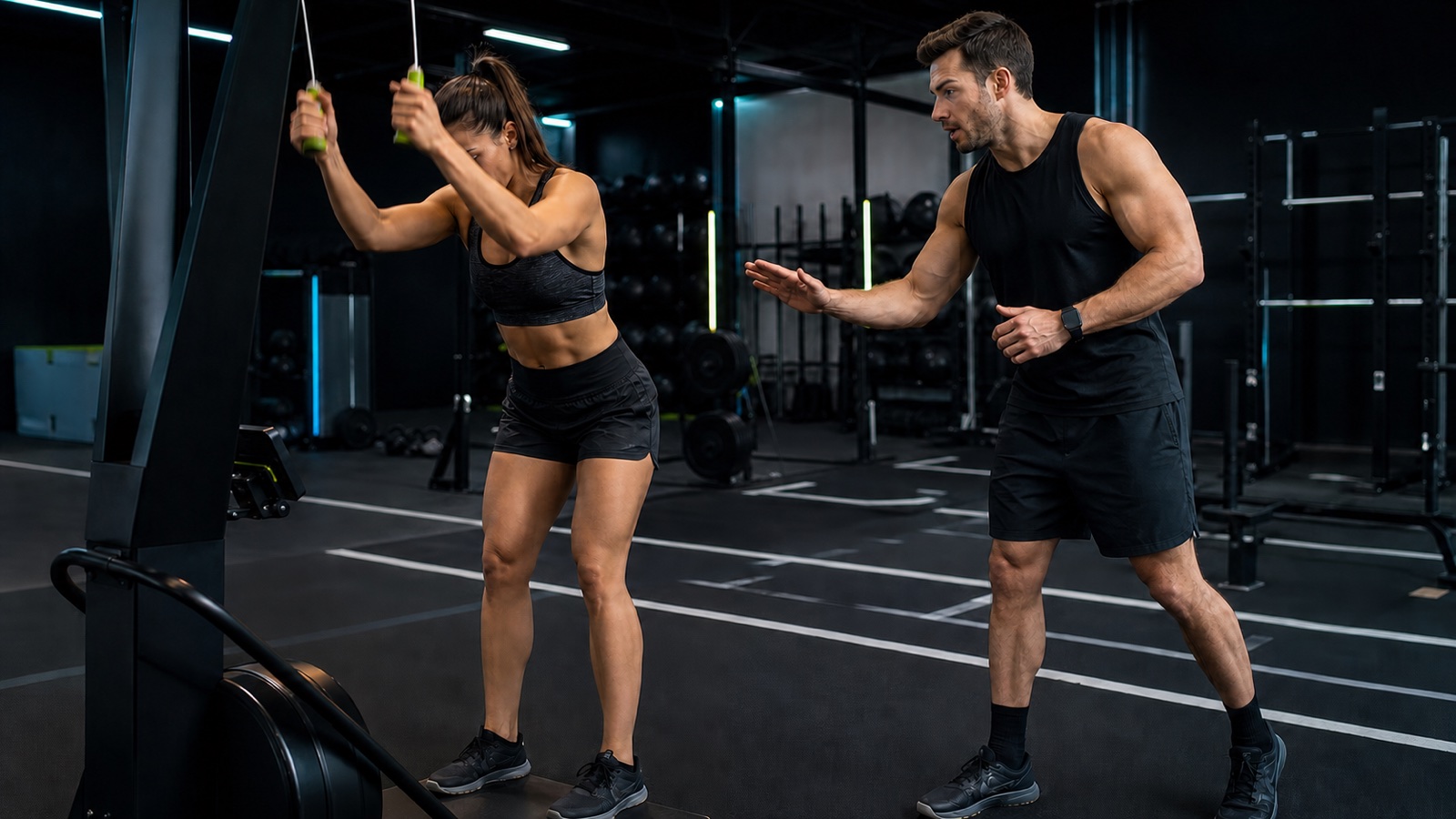 Two hybrid athletes rehearsing a controlled SkiErg handoff in a dark gym