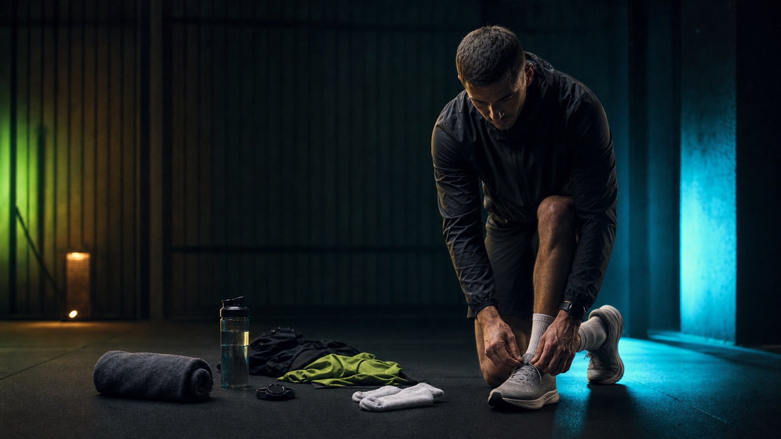 Athlete tying neutral shoes beside an organised race-week kit