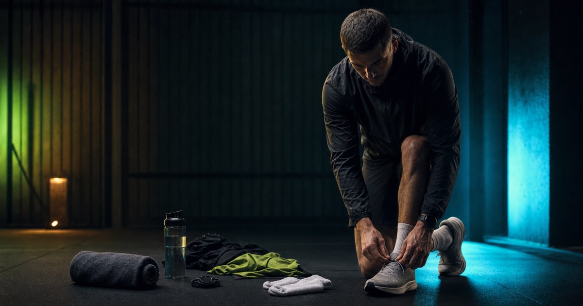 Athlete tying shoes beside an organised race-week kit