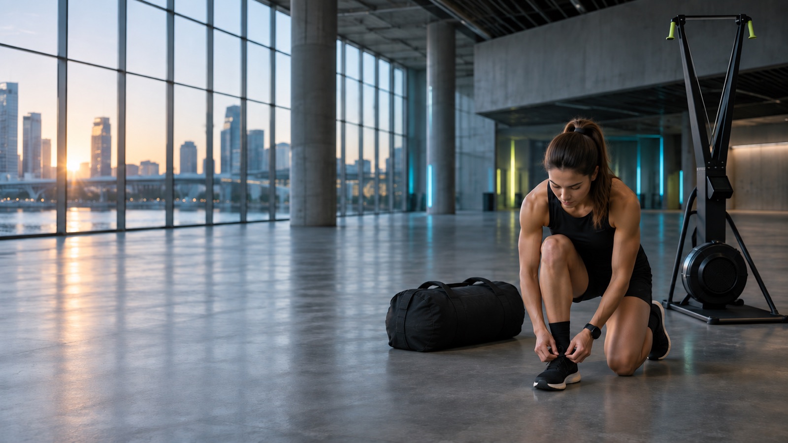 Athlete preparing footwear in an unbranded indoor training venue