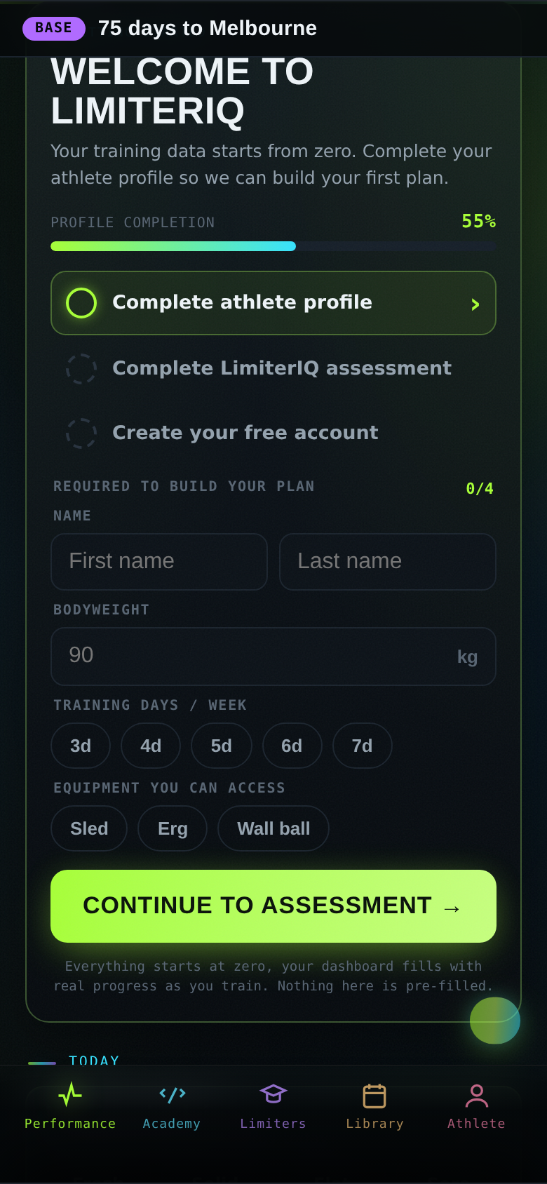 The Getting started card: profile first: four required fields, then Continue to assessment →