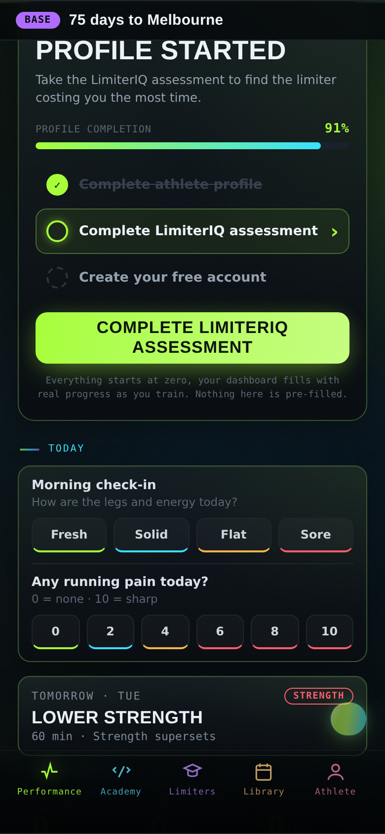 Profile done: the assessment becomes the highlighted next step (and the Morning check-in appears below)