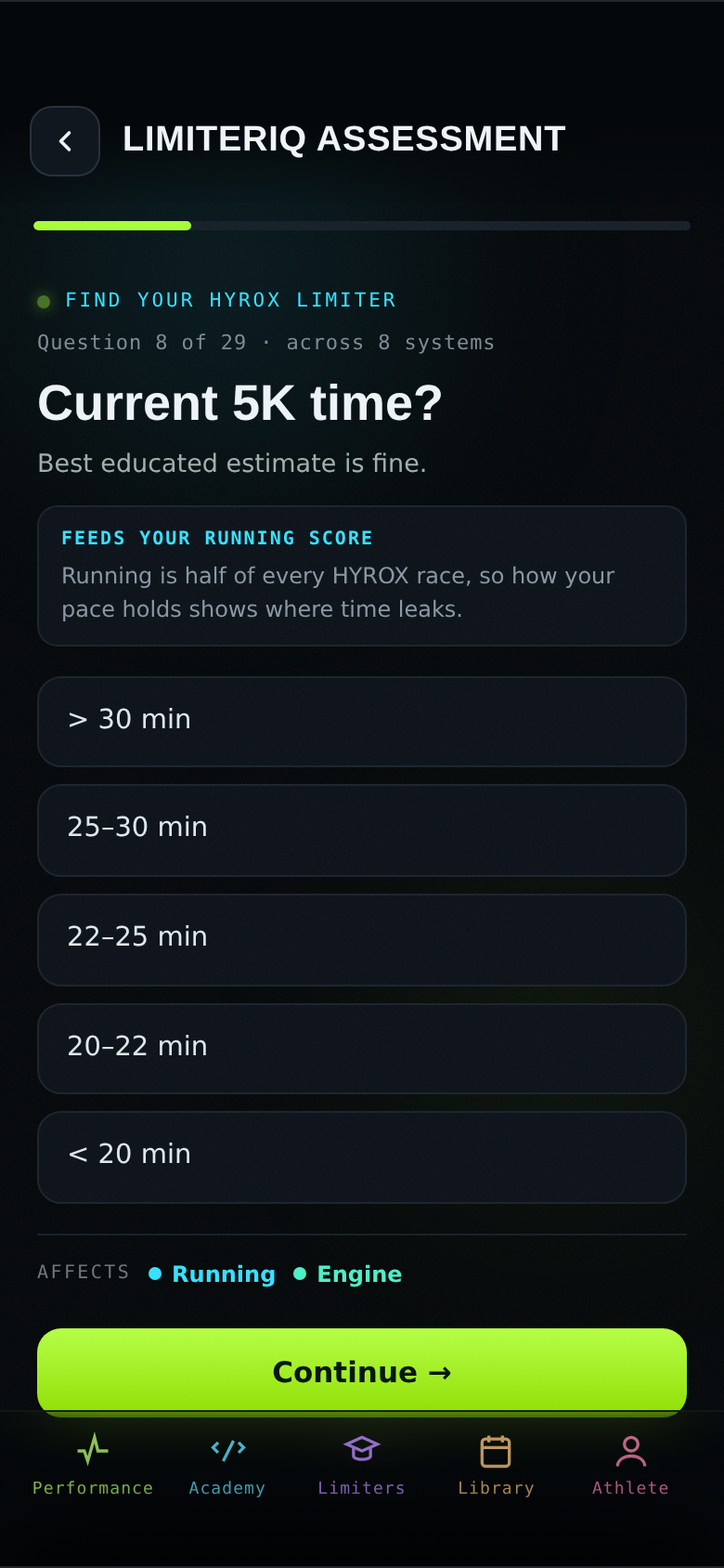 Tap an answer to advance; the bar at the top tracks progress