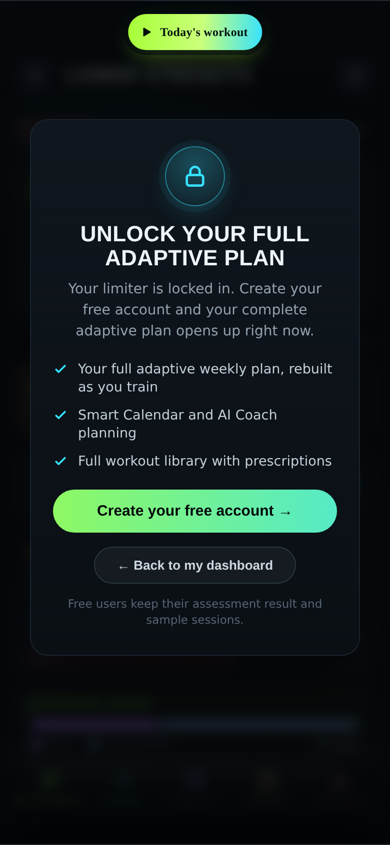 Before the account exists, workouts open to this lock screen: your result stays saved