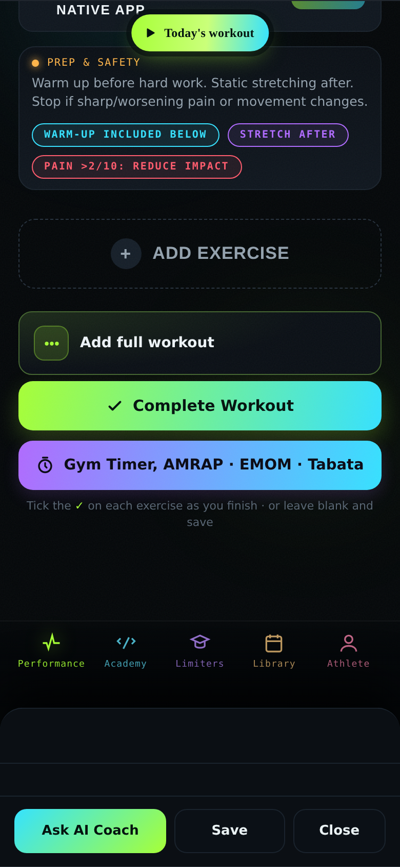Tick the ✓ on each exercise, then hit Complete Workout (Gym Timer lives below it)